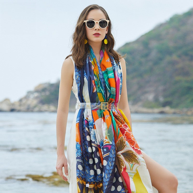 Anyyou 100% Mulberry Silk Blue Long Scarf Luxury Brand Women Beach Shawl Wear Swimwear Pashimina Face Shield Foulard