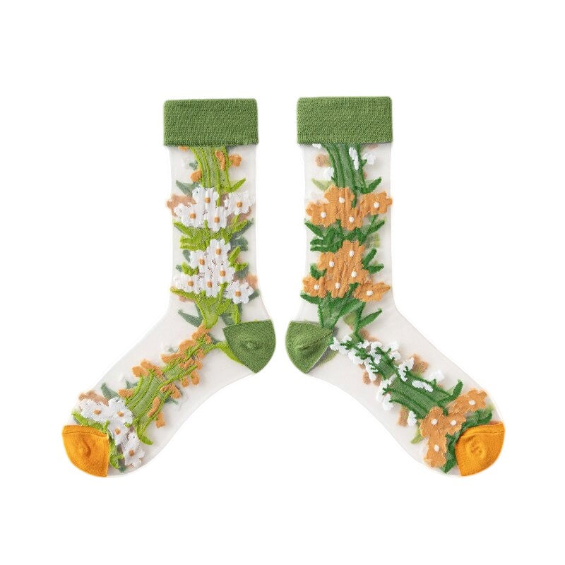 Anyfootwear 5 Pairs Yellow Green Size 5-9 Sock Harajuku Crystal Silk Tide Socks With Flower Vines Comfortable To Wear Prefect For Women