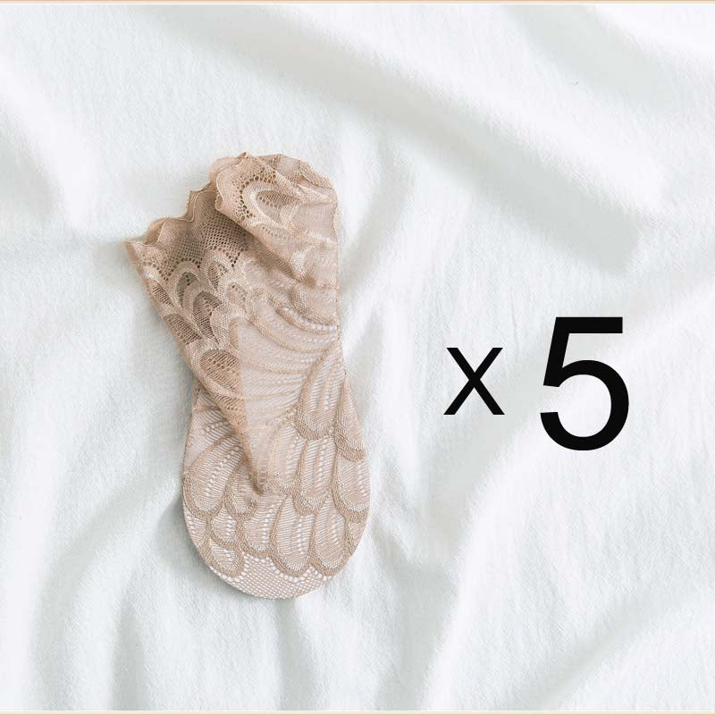 Anyfootwear 5 Pairs One Size 4-5 Khaki Ankle Socks With Lace Peacock Flower Design