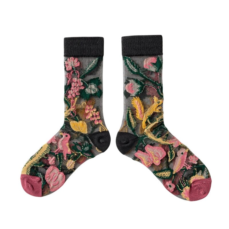 Anyfootwear 5 Pairs Black Size 5-9 Sock Harajuku Crystal Silk Tide Socks With Flower Vines Comfortable To Wear Prefect For Women