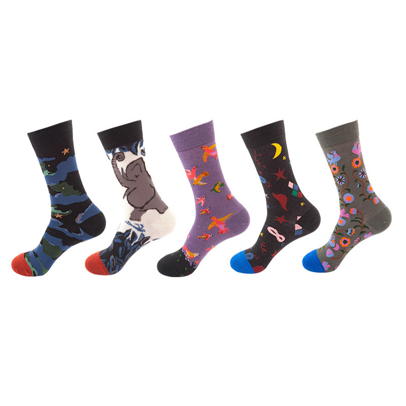 Anyfootwear 5 Pairs One Size 5-11 Mixed Color Socks Living Things Cotton Fashion Woman Skateboard Oil Paitiing
