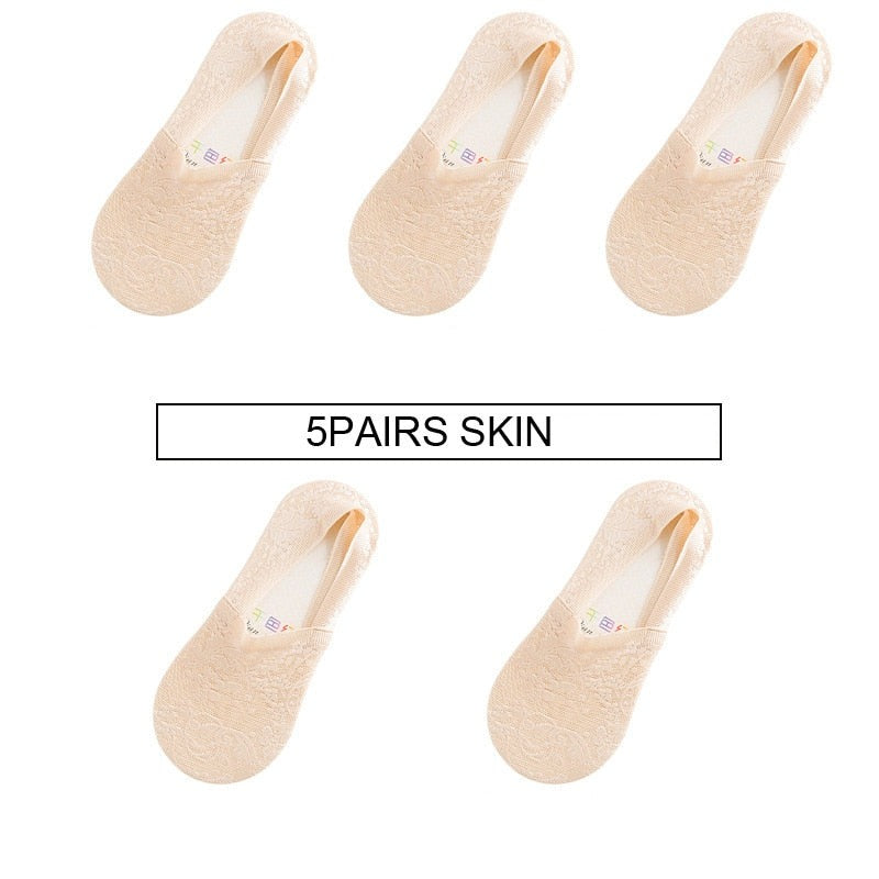 Anyfootwear 5 Pairs Size 5-9 Fashion Socks Lace Flower Style Breathable Antiskid Invisible Ankle Socks for Women Beige