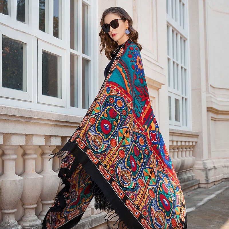 Anyyou 100% Merino Wool Black Ancient Multi-Pattern Neck Silk Satin Large Winter Scarf Pashmina Shawl Bandana Perfect For Women Ladies Fashion Style