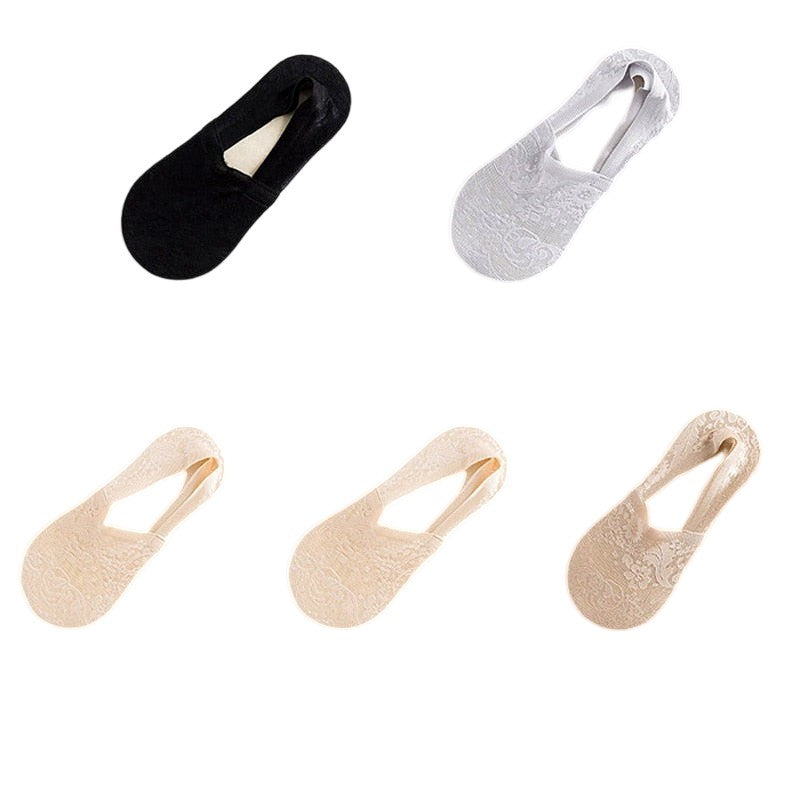 Anyfootwear 5 Pairs Size 5-9 Fashion Socks Lace Flower Style Breathable Antiskid Invisible Ankle Socks for Women (1 Black, 1 Grey, 2 Skin, 1 Khaki)
