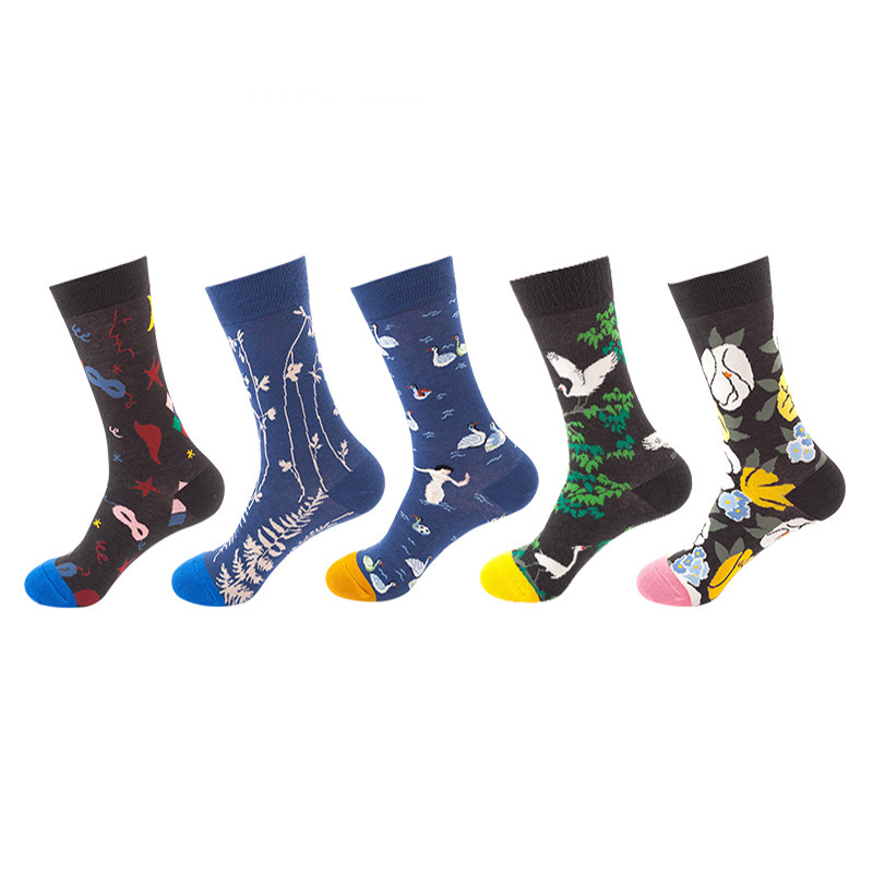 Anyfootwear 5 Pairs One Size 5-11 Mixed Color Set Christmas Socks Swan Cotton Fashion Woman Skateboard Oil Paitiing