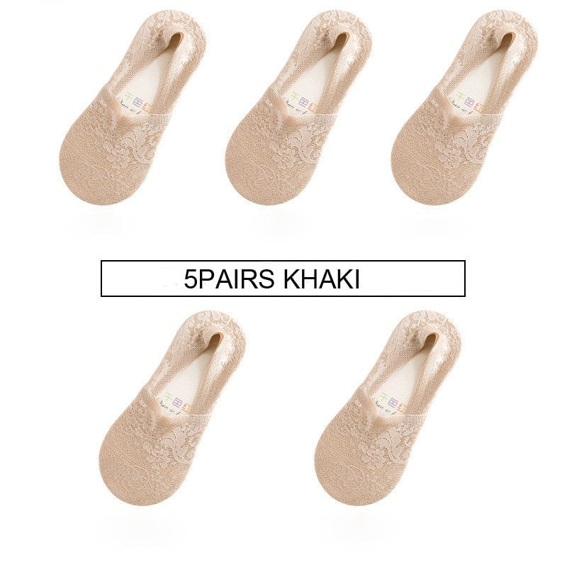 Anyfootwear 5 Pairs Size 5-9  Fashion Socks Lace Flower Style Breathable Antiskid Invisible Ankle Socks for Women Khaki