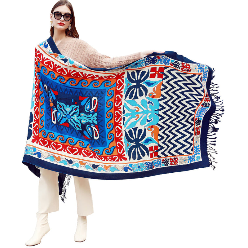 Anyyou 100% Merino Wool Blue Chevron Neck Wrap Silk Satin Large Winter Scarf Pashmina Shawl Bandana Perfect For Women Ladies Fashion Style