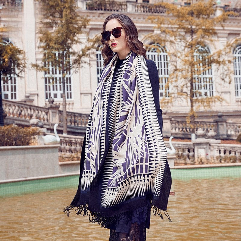 Anyyou 100% Merino Wool White Purple Patterned  Silk Satin Large Winter Scarf Pashmina Shawl Bandana Perfect For Women Ladies Fashion Style