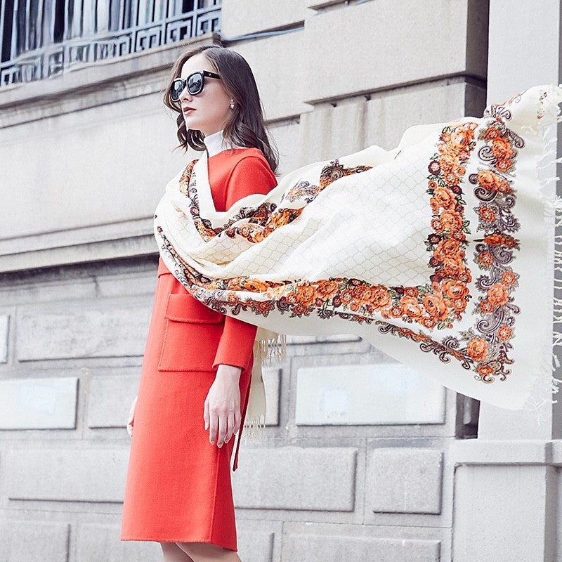 Anyyou 100% Merino Wool White-Brown  Silk Satin Large Winter Scarf Pashmina Shawl Bandana Perfect For Women Ladies Fashion Style