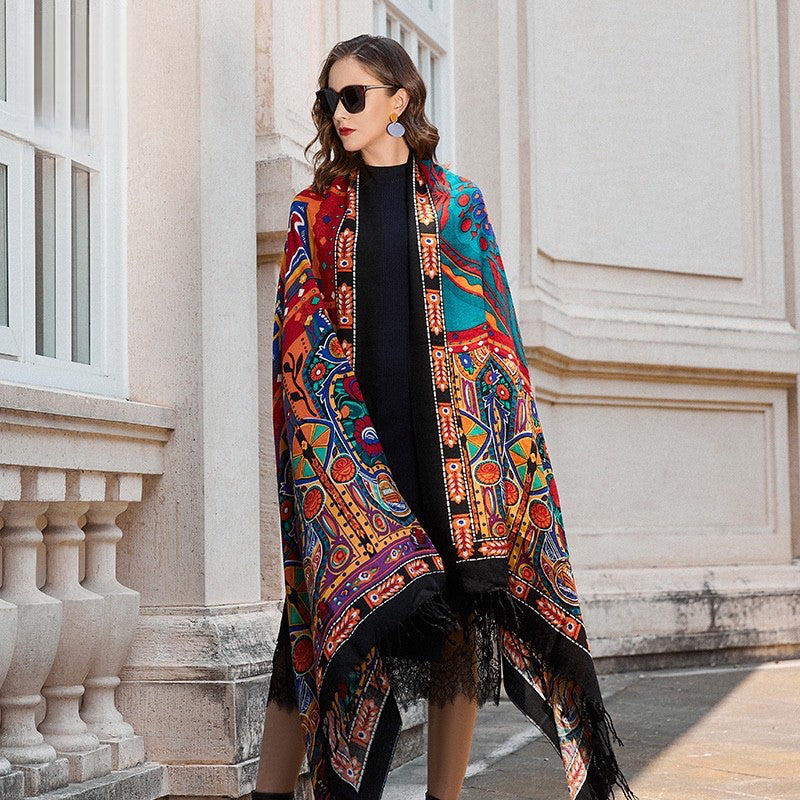 Anyyou 100% Merino Wool Black Ancient Multi-Pattern Neck Silk Satin Large Winter Scarf Pashmina Shawl Bandana Perfect For Women Ladies Fashion Style