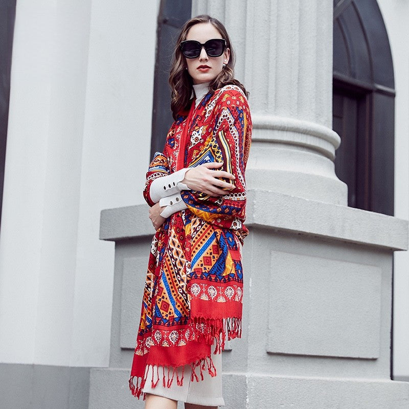 Anyyou 100% Merino Wool Native And Red Patterned  Silk Satin Large Winter Scarf Pashmina Shawl Bandana Perfect For Women Ladies Fashion Style