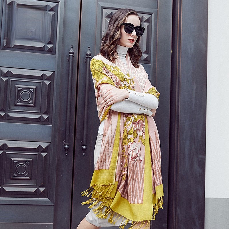 Anyyou 100% Merino Wool Yellow Pink Elegance Neck Silk Satin Large Winter Scarf Pashmina Shawl Bandana Perfect For Women Ladies Fashion Style