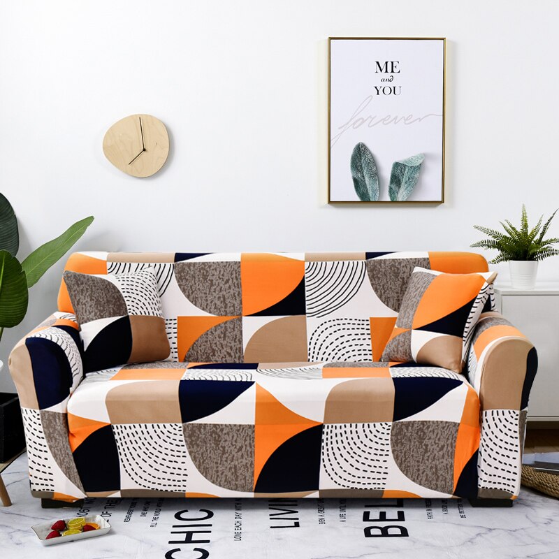Anyseat 4 Seater Sofa Cover Orange Geometric Style and Protection For Living Room Sofa Chair Elastic Stretchable Slipcover