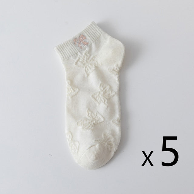 Anyfootwear 5 Pairs One Size 35-40 Women Socks Summer Cute Cartoon Ribbon Print White Female Casual Socks