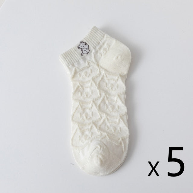 Anyfootwear 5 Pairs One Size 35-40 Women Socks Summer Cute Cartoon Animal Cat Print White Female Casual Socks