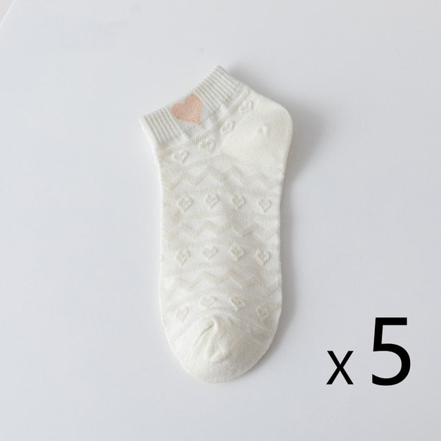 Anyfootwear 5 Pairs One Size 35-40 Women Socks Summer Cute Cartoon Heart Print White Female Casual Socks