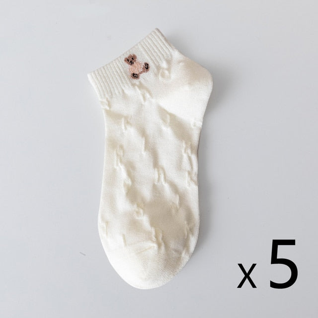 Anyfootwear 5 Pairs One Size 35-40 Women Socks Summer Cute Cartoon Animal Bear Print White Female Casual Socks