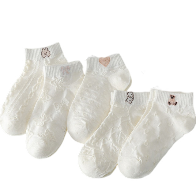 Anyfootwear 5 Pairs One Size 35-40 Women Socks Summer Cute Cartoon Animal Rabbit Bear Cat Ribbon Heart Print White Female Casual Random Socks