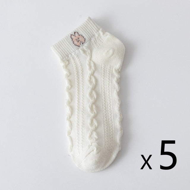 Anyfootwear 5 Pairs One Size 35-40 Women Socks Summer Cute Cartoon Animal Rabbit Print White Female Casual Socks