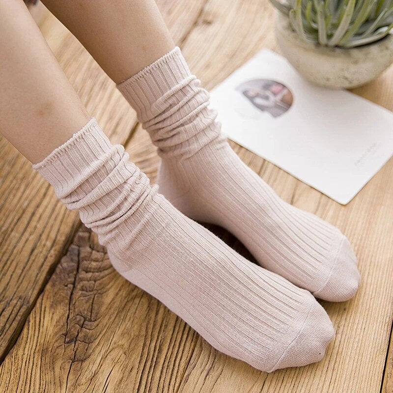 Anyfootwear 5 Pairs One Size 36-43 Gray Retro Long Knitted Socks Cotton Autumn Winter Solid Color Women Student Girls