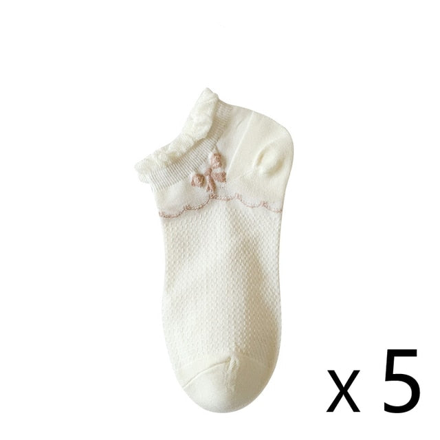 Anyfootwear 5 Pairs One Size 35-40 Summer Short Boat Invisible Chaussette Ribbon Print Cotton Ankle  Breathable Women Sock