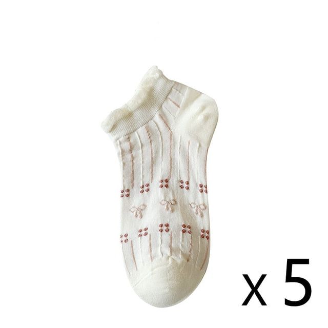 Anyfootwear 5 Pairs One Size 35-40 Summer Short Boat Invisible Chaussette Cherry Ribbon Cotton Ankle  Breathable Women Sock