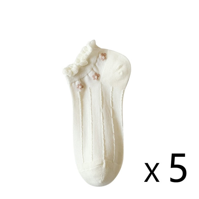 Anyfootwear 5 Pairs One Size 35-40 Summer Short Boat Invisible Chaussette Flower Print Cotton Ankle  Breathable Women Sock