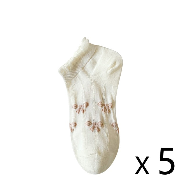 Anyfootwear 5 Pairs One Size 35-40 Cute Summer Short Boat Invisible Chaussette Ribbon Print Cotton Ankle  Breathable Women Sock