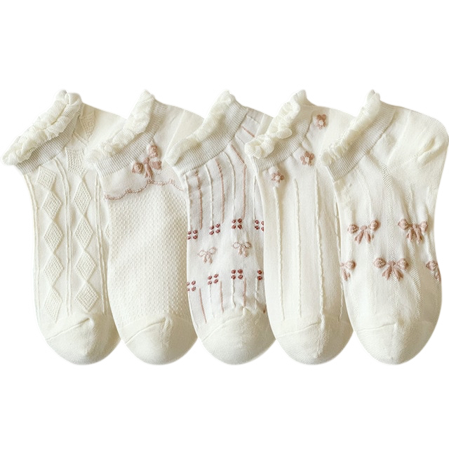 Anyfootwear 5 Pairs One Size 35-40 Summer Short Boat Invisible Chaussette Diamond Wave Ribbon Flower Print Cotton Ankle  Breathable Women Random Socks
