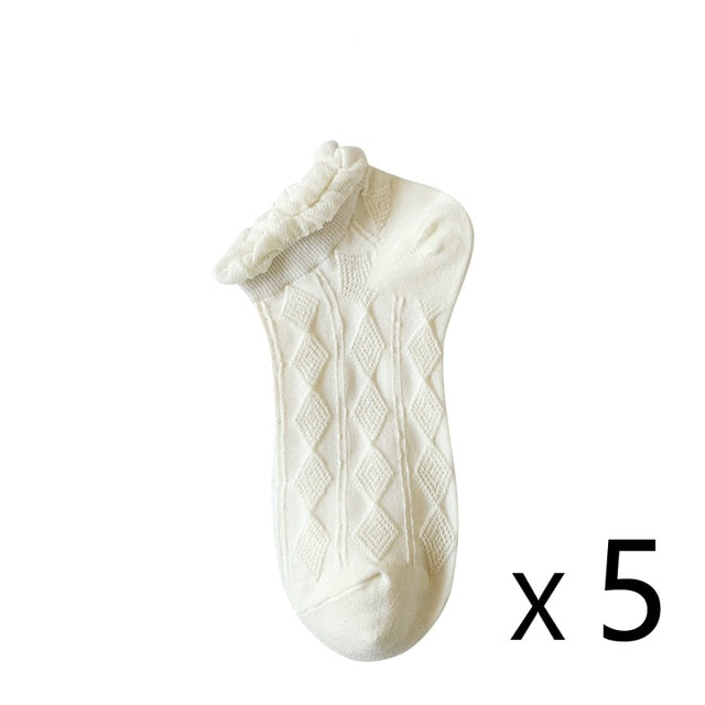 Anyfootwear 5 Pairs One Size 35-40 Summer Short Boat Invisible Chaussette Diamond Wave Cotton Ankle  Breathable Women Sock