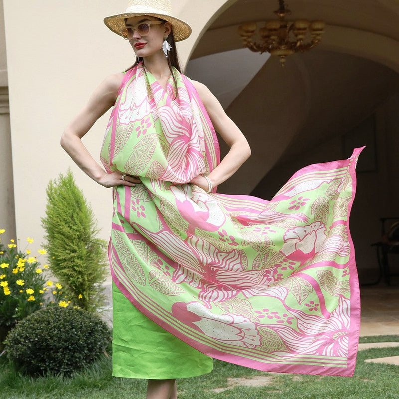 Anyyou 100% Mulberry Silk Pink And Green Long Scarf Luxury Brand Women Beach Shawl Wear Swimwear Pashimina Face Shield Foulard