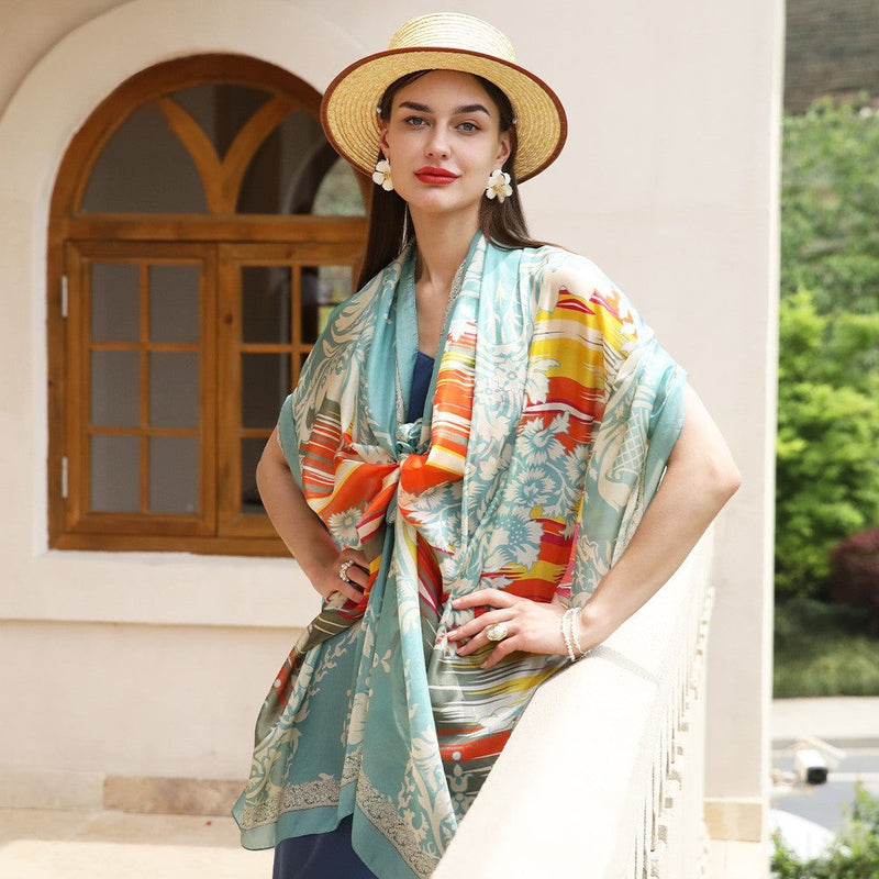 Anyyou 100% Mulberry Silk Pastel Blue Long Scarf Luxury Brand Women Beach Shawl Wear Swimwear Pashimina Face Shield Foulard