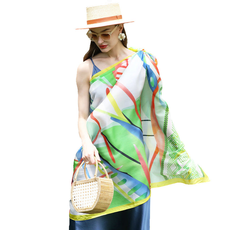 Anyyou 100% Mulberry Silk Green Long Scarf Luxury Brand Women Beach Shawl Wear Swimwear Pashimina Face Shield Foulard