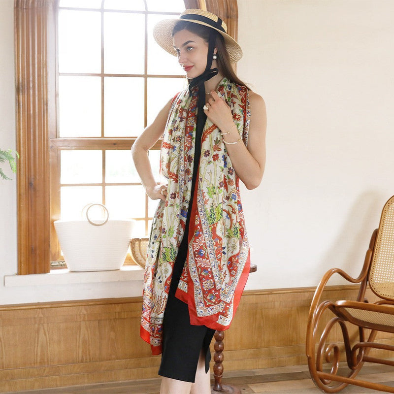 Anyyou 100% Mulberry Silk Red Green Long Scarf Luxury Brand Women Beach Shawl Wear Swimwear Pashimina Foulard