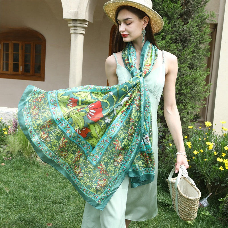 Anyyou 100% Mulberry Silk Light Green Long Scarf Luxury Brand Women Beach Shawl Wear Swimwear Pashimina Foulard