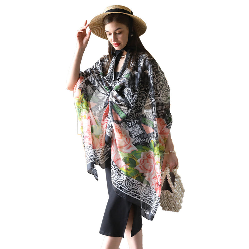 Anyyou 100% Mulberry Silk Black Long Scarf Luxury Brand Women Beach Shawl Wear Swimwear Pashimina Face Shield Foulard