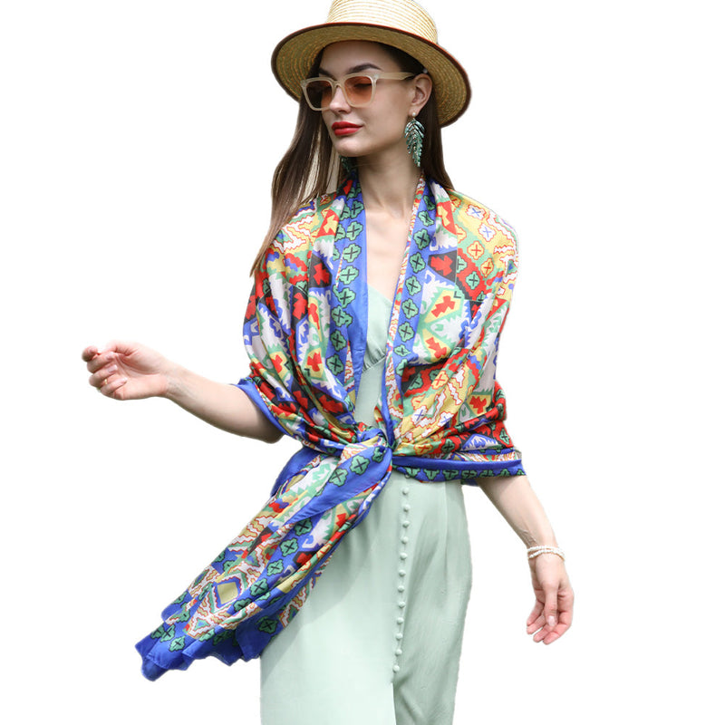 Anyyou 100% Mulberry Silk Ocean Blue Long Scarf Luxury Brand Women Beach Shawl Wear Swimwear Pashimina Foulard