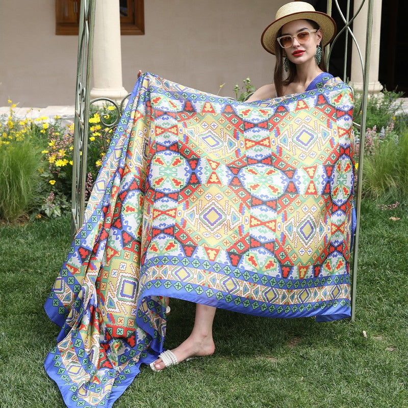 Anyyou 100% Mulberry Silk Ocean Blue Long Scarf Luxury Brand Women Beach Shawl Wear Swimwear Pashimina Foulard