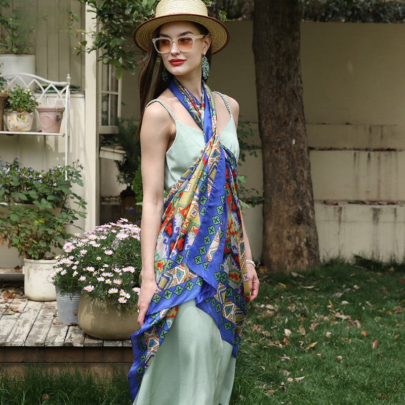 Anyyou 100% Mulberry Silk Ocean Blue Long Scarf Luxury Brand Women Beach Shawl Wear Swimwear Pashimina Foulard