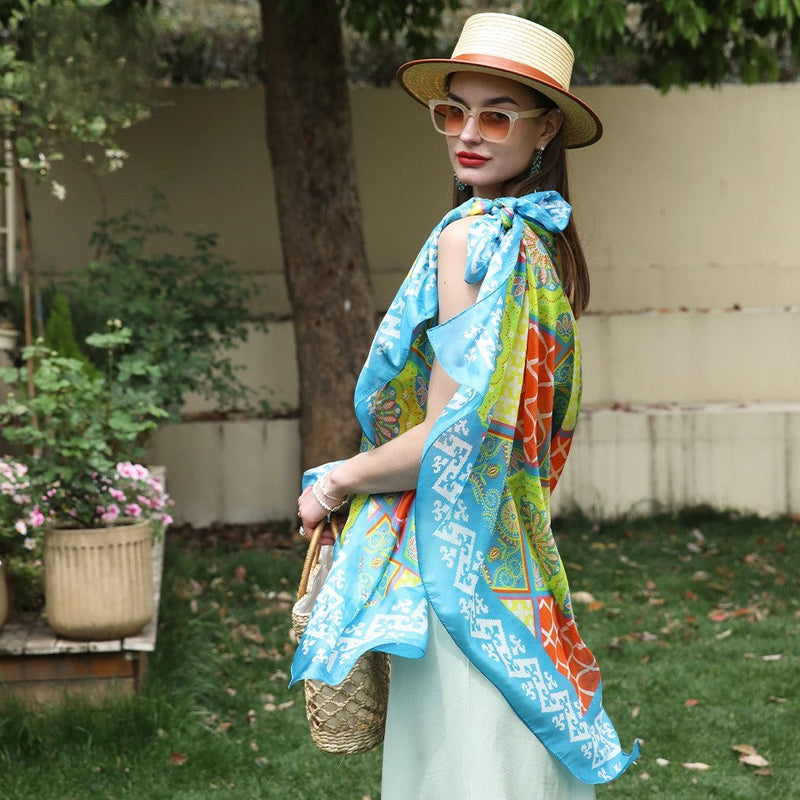 Anyyou 100% Mulberry Silk Aqua Blue Long Scarf Luxury Brand Women Beach Shawl Wear Swimwear Pashimina Foulard