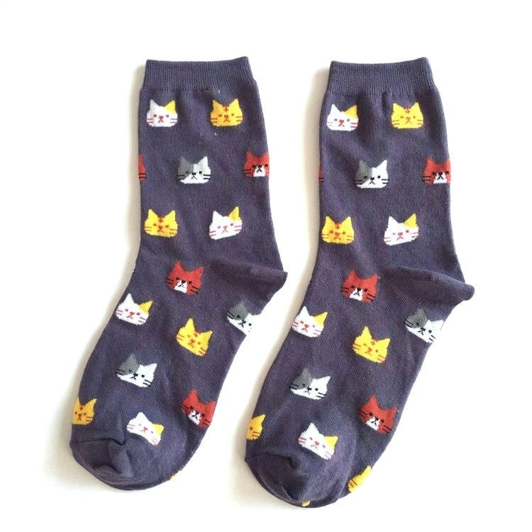 Anyfootwear 5 Pairs Grey Cat Size 5-9 Fashion Socks High Quality Office Sports Business Long Socks Cotton Solid Colors Skateboard Knitted Casual 1