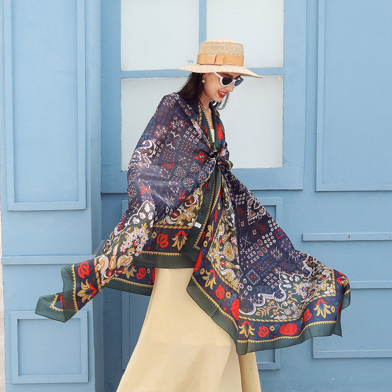 Anyyou 100% Mulberry Silk Violet Blue Long Scarf Luxury Brand Women Beach Shawl Wear Swimwear Pashimina Face Shield Foulard