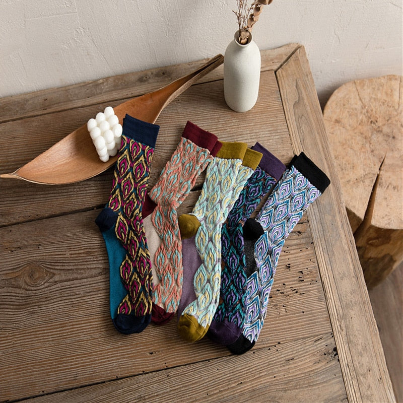 Anyfootwear 5 Pairs Size 5-9 Grey Black Abstract Long Socks Retor Luxury Autumn Winter Peacock Feather Pattern Style With Soken Chaussette Femme