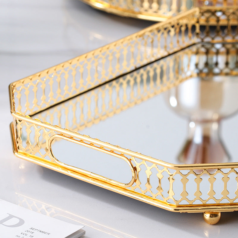 ANYHOUZ 35cm Gold Rectangle Glass Mirror Base Metal Vanity Food Serving Organisr Jewelry Cosmetics Storage Tray with Handle