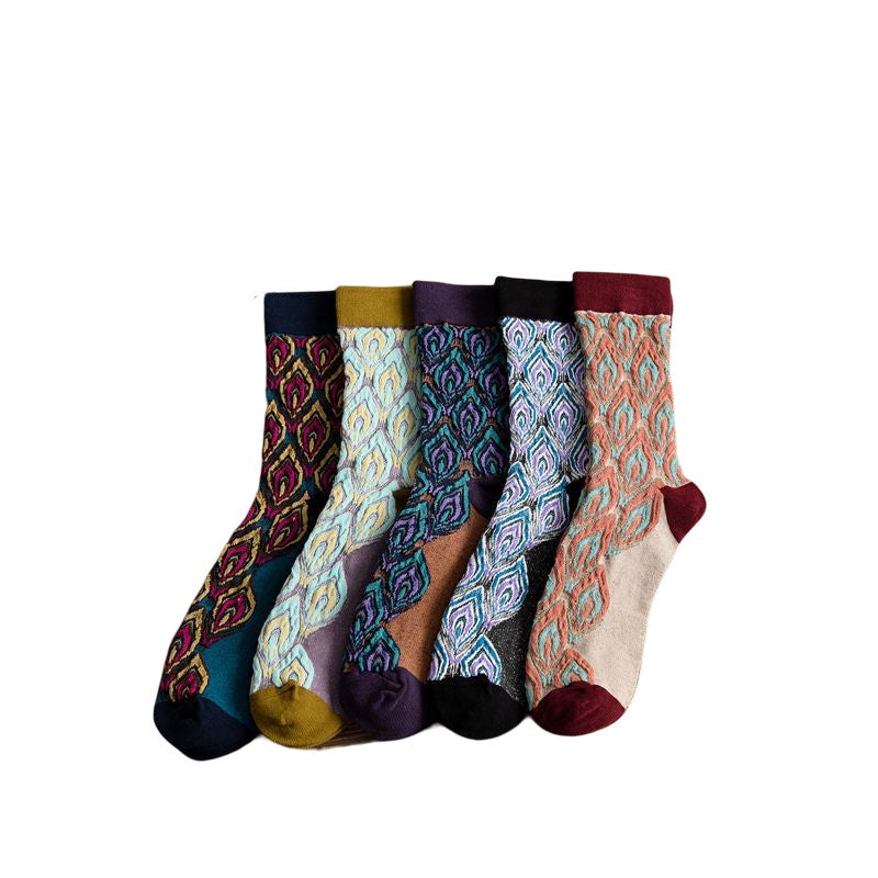 Anyfootwear 5 Pairs Size 5-9 Multicolor Abstract Long Socks Retor Luxury Autumn Winter Peacock Feather Pattern Style With Soken Chaussette Femme
