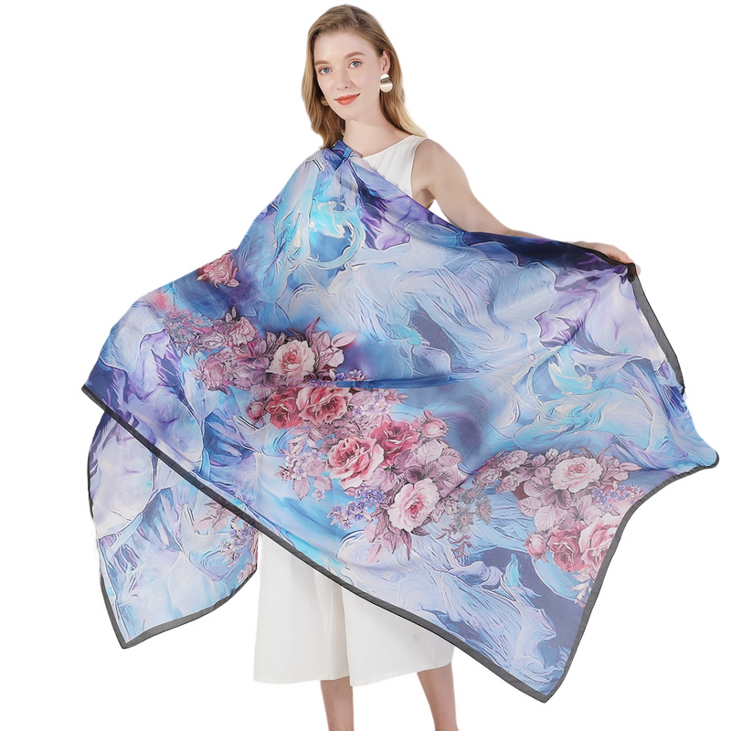 Anyyou 100% Mulberry Silk Light Blue Long Scarf Luxury Brand Women Beach Shawl Wear Swimwear Pashimina Face Shield Foulard