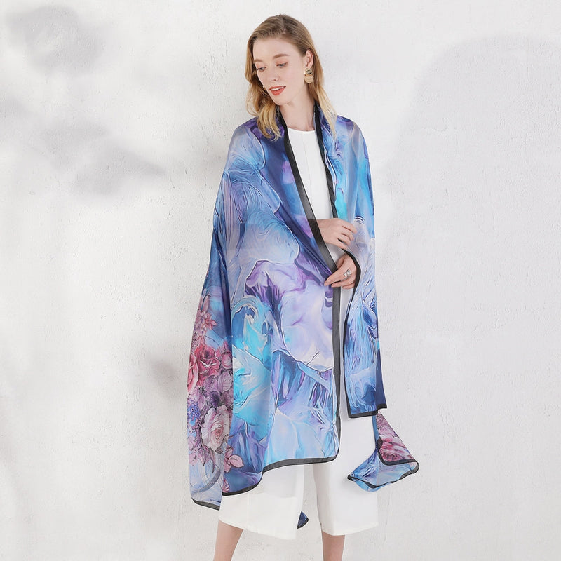 Anyyou 100% Mulberry Silk Light Blue Long Scarf Luxury Brand Women Beach Shawl Wear Swimwear Pashimina Face Shield Foulard