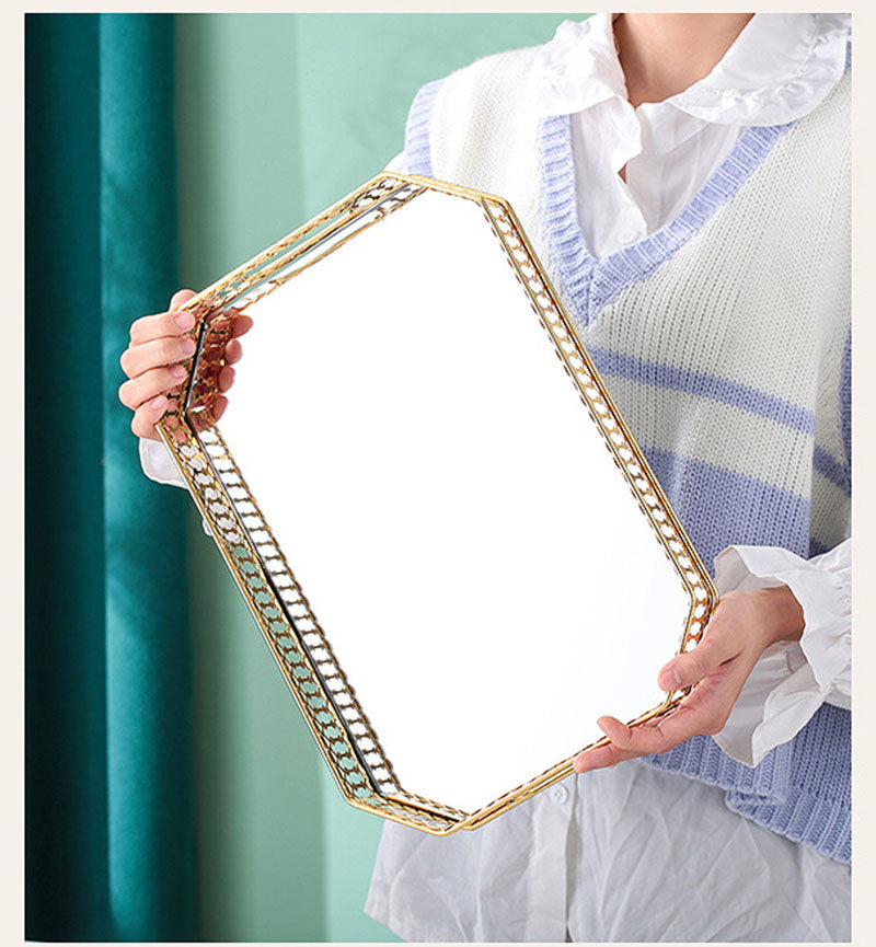 ANYHOUZ 35cm Gold Rectangle Glass Mirror Base Metal Vanity Food Serving Organisr Jewelry Cosmetics Storage Tray with Handle