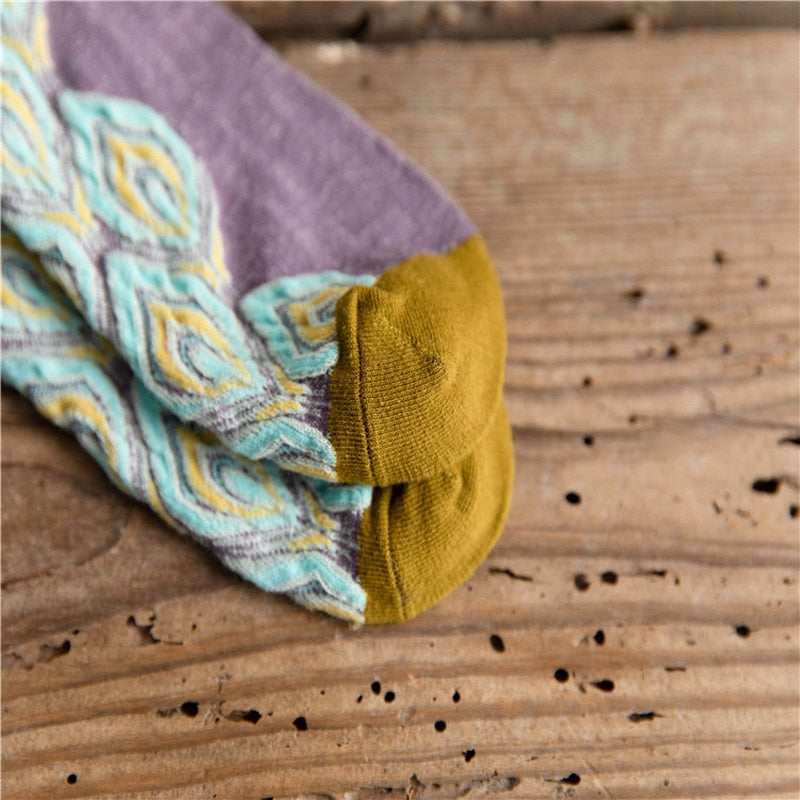 Anyfootwear 5 Pairs Size 5-9 Green Violet Abstract Long Socks Luxury Autumn Winter Peacock Feather Pattern Style With Soken Chaussette Femme