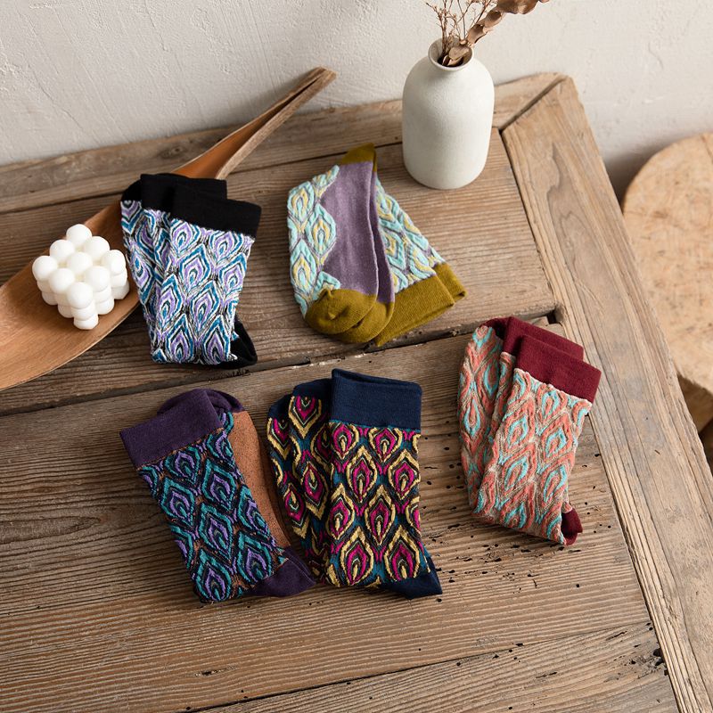 Anyfootwear  5 Pairs Size 5-9 Blue Brown Abstract Long Socks Retor Luxury Autumn Winter Peacock Feather Pattern Style With Soken Chaussette Femme